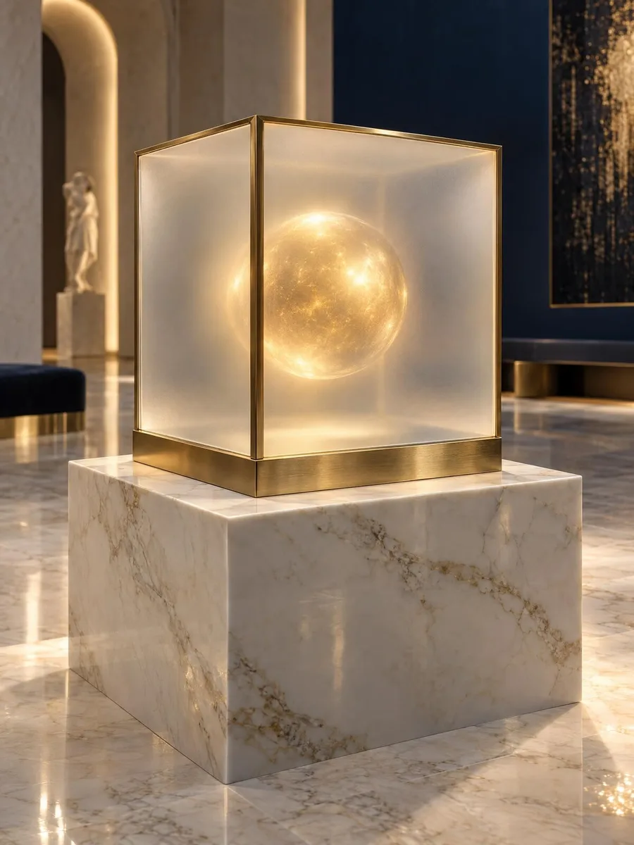 Světelná koule uzavřená ve skleněné krychli – symbol AI v chráněném prostoru