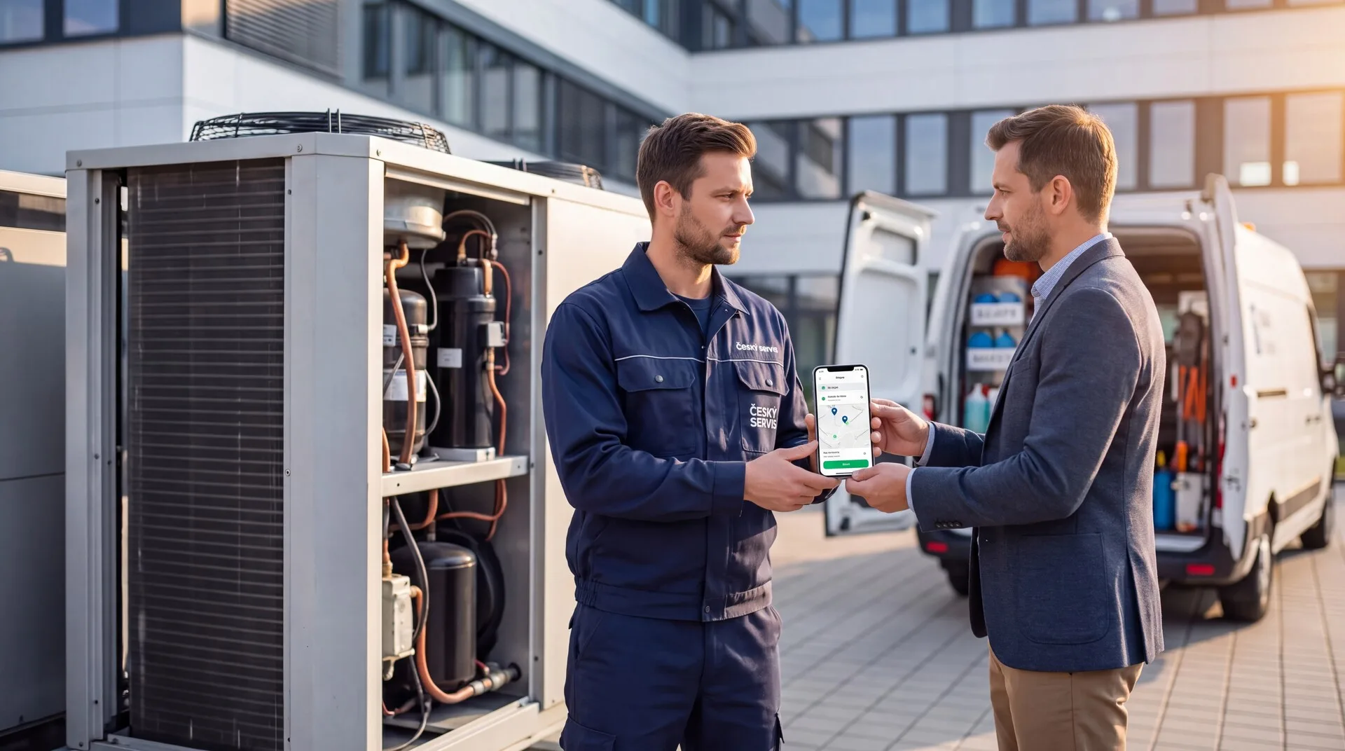 Dispečer předává technikovi plán výjezdů v mobilní aplikaci AutoERP u servisního vozu
