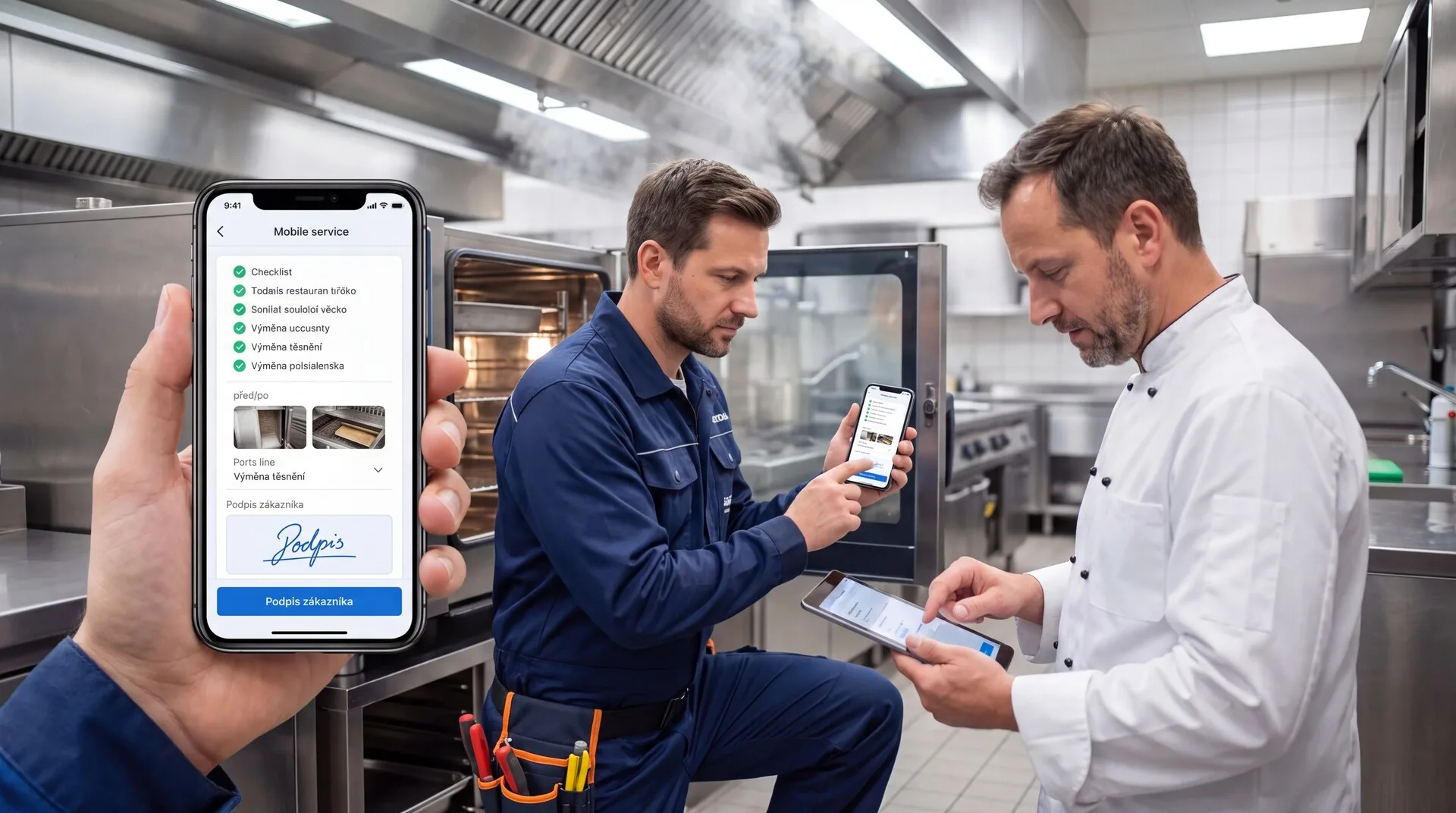 Servisní technik v kuchyni vyplňuje checklist v mobilní aplikaci AutoERP, zákazník podepisuje na tabletu