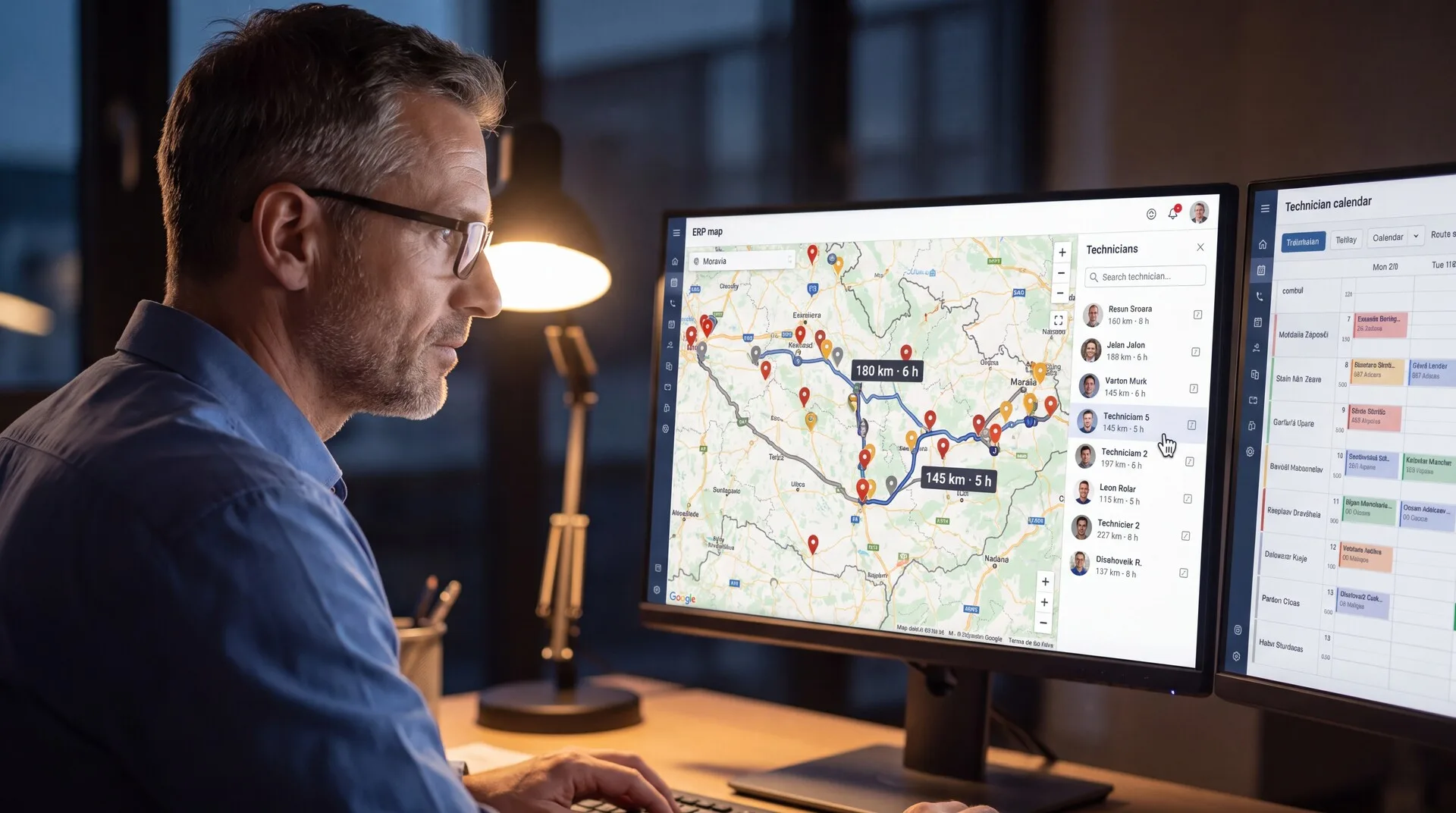 Dispečer plánuje trasy techniků nad mapou zásahů v AutoERP