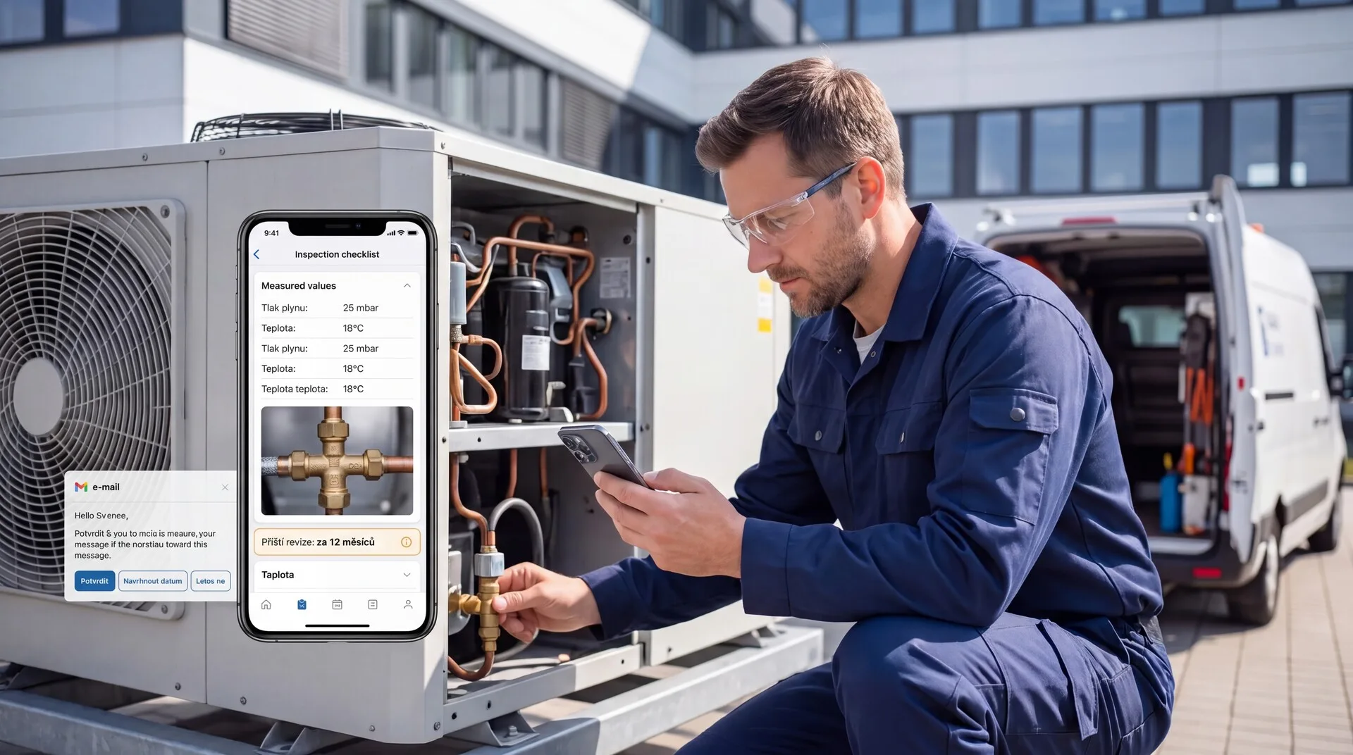 Technik provádí roční revizi klimatizace s checklistem v mobilní aplikaci AutoERP