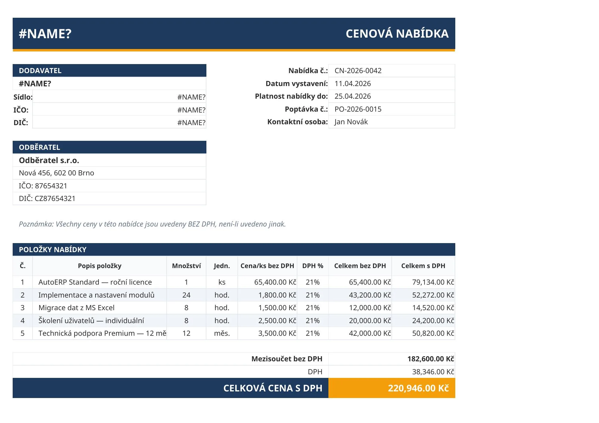 Excel šablona — kompatibilní s LibreOffice i Google Sheets