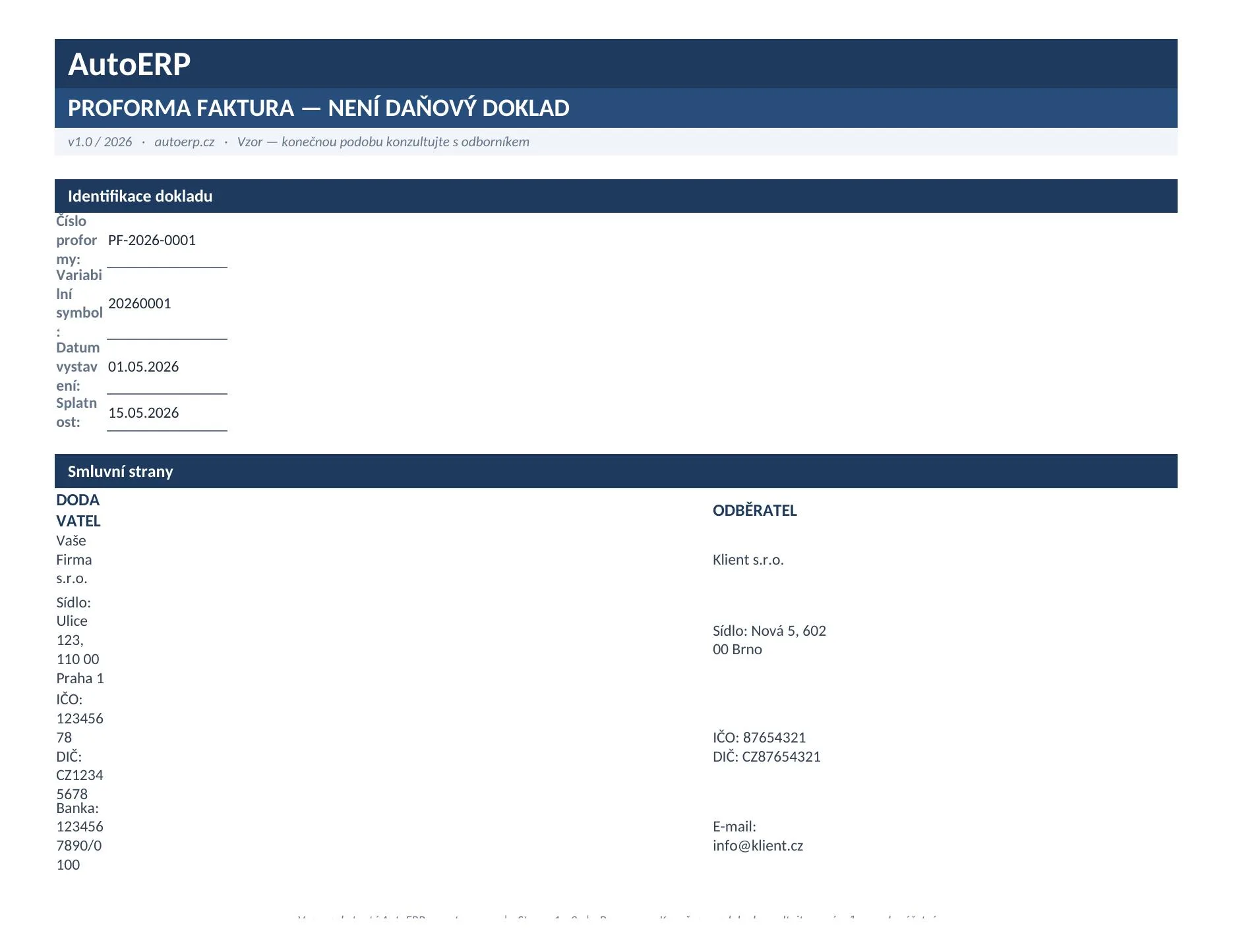 Excel šablona proforma faktury